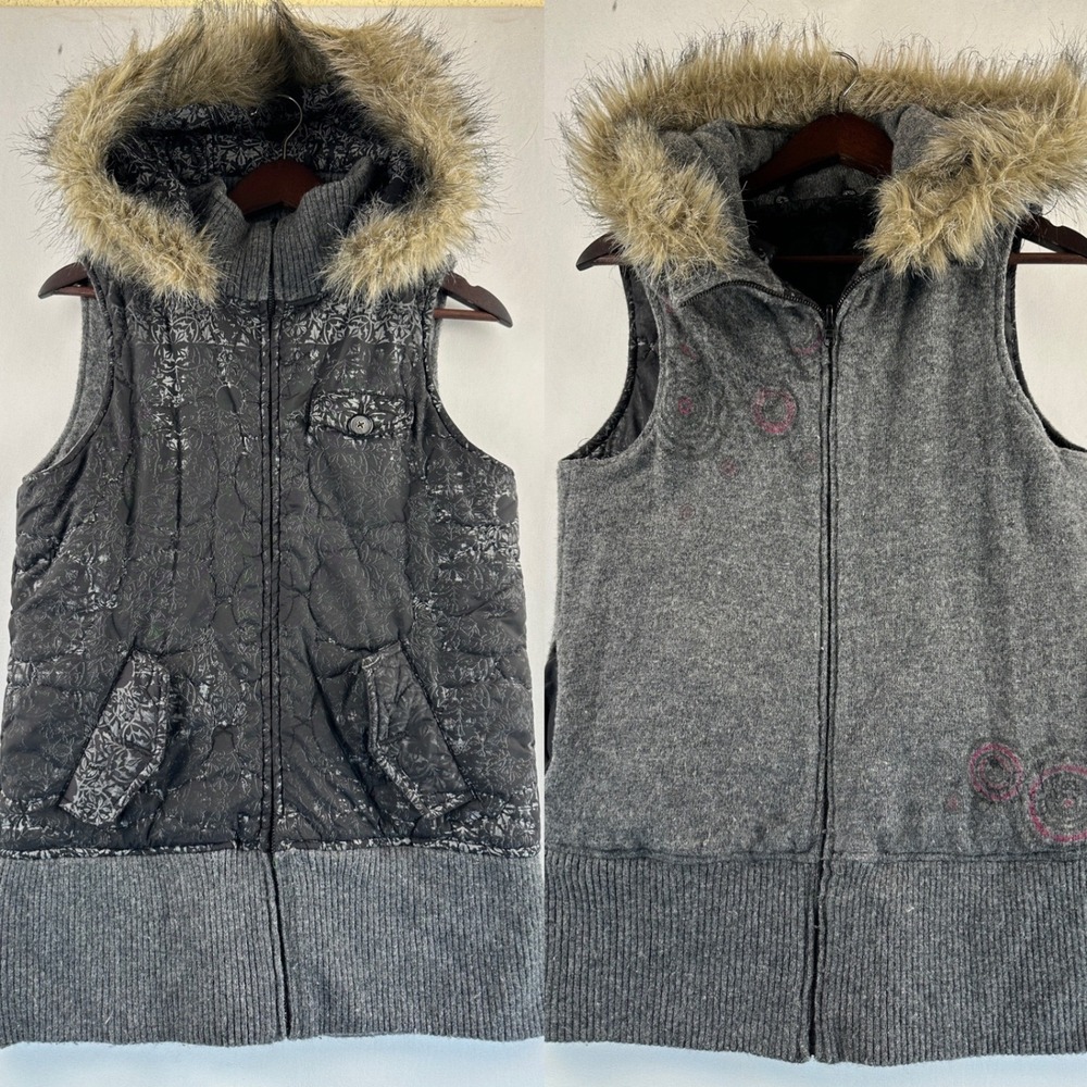 Empyre Reversible Quilted Hooded Vest Large Lambswool Grey Faux Fur Trim Boho - Picture 3 of 16